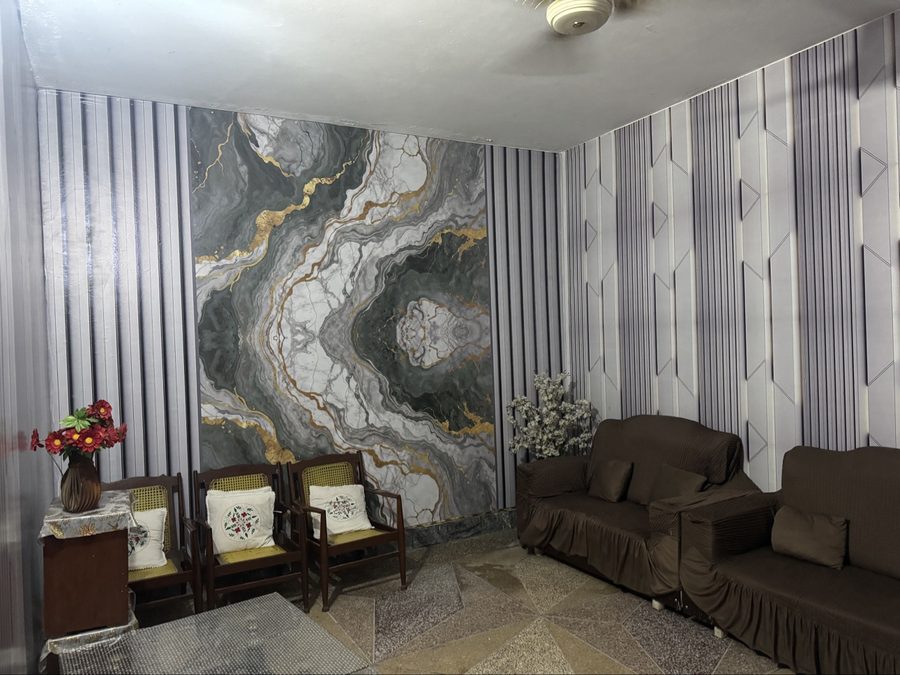 Living room decorated with 3D flex wallpaper installed by PRINT POINT