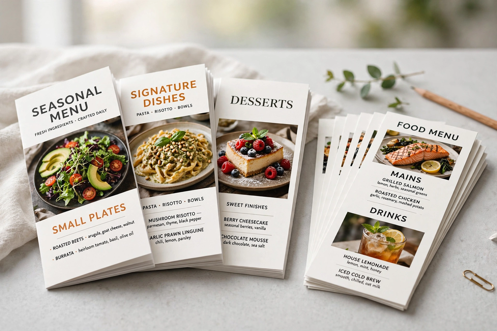 Printed tri-fold brochures and menu cards