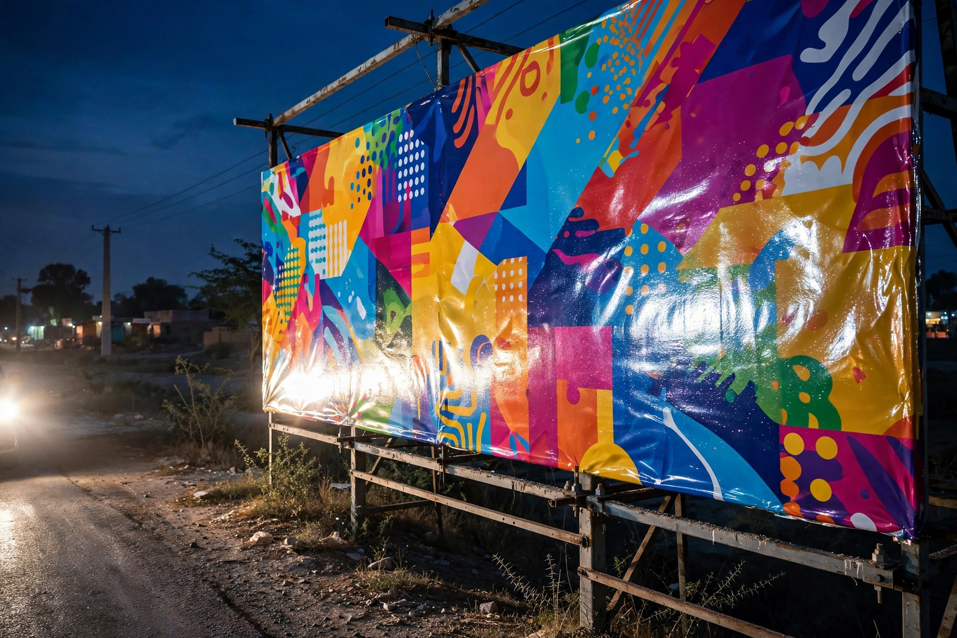Reflector flex hoarding shining under vehicle headlights at night